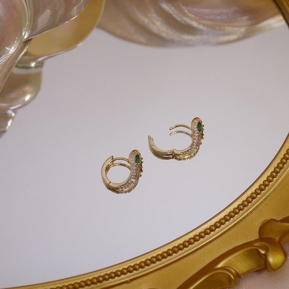 NEW 14K Gold Plated Emerald Snake Hoop Earrings - Picture 6 of 10